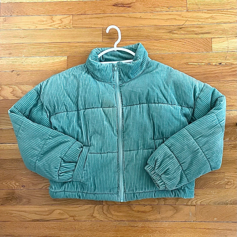 PacSun LA Hearts Teal Green Corduroy Cropped Puffer Jacket